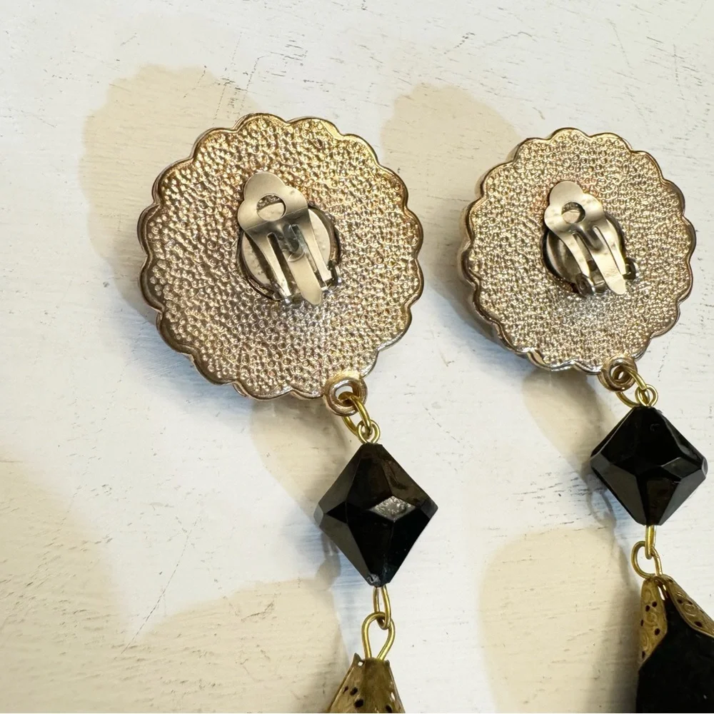 Long Black Gold Dangle Drop Clip On Earrings Statement Vintage Plastic Acrylic